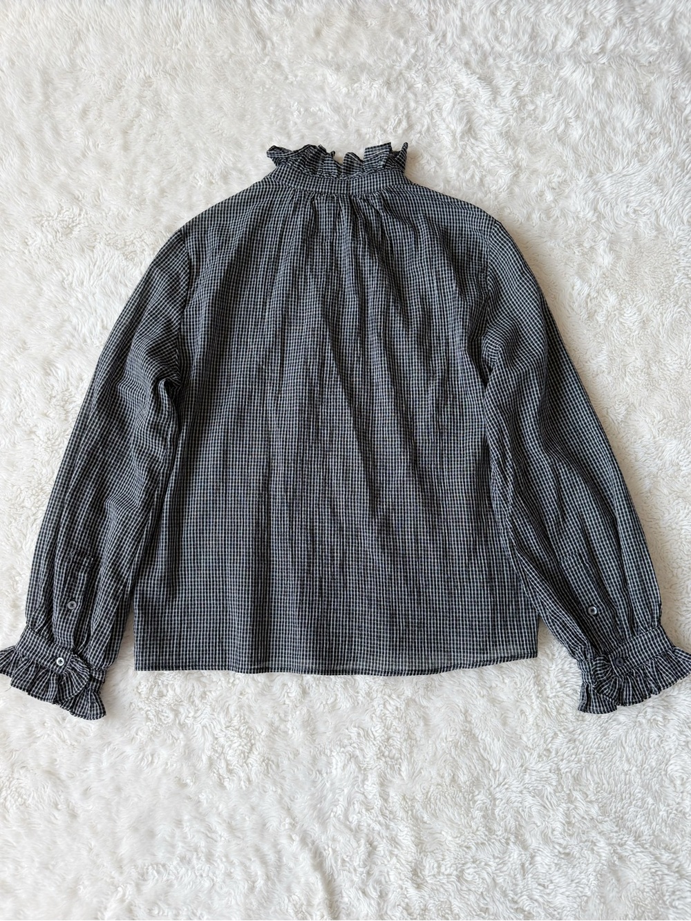 Aaron & Amber Black Light Cotton Gingham Victorian Ruffle Button Down Top LARGE - Picture 4 of 8